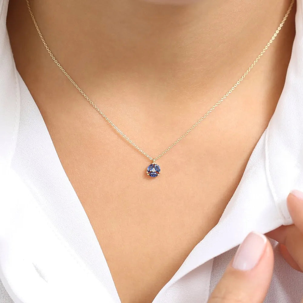 14k Solid Gold Marquise Sapphire 0.32 CTW and Round Diamond 0.01 CTW Cluster Necklace