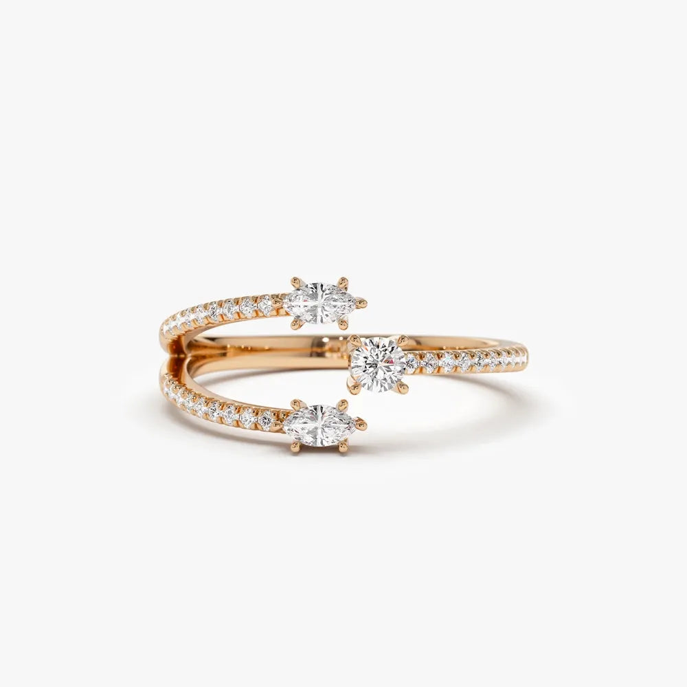 14K Solid Gold Marquise and Round Diamond 0.40 Carat Open Design Claw Ring