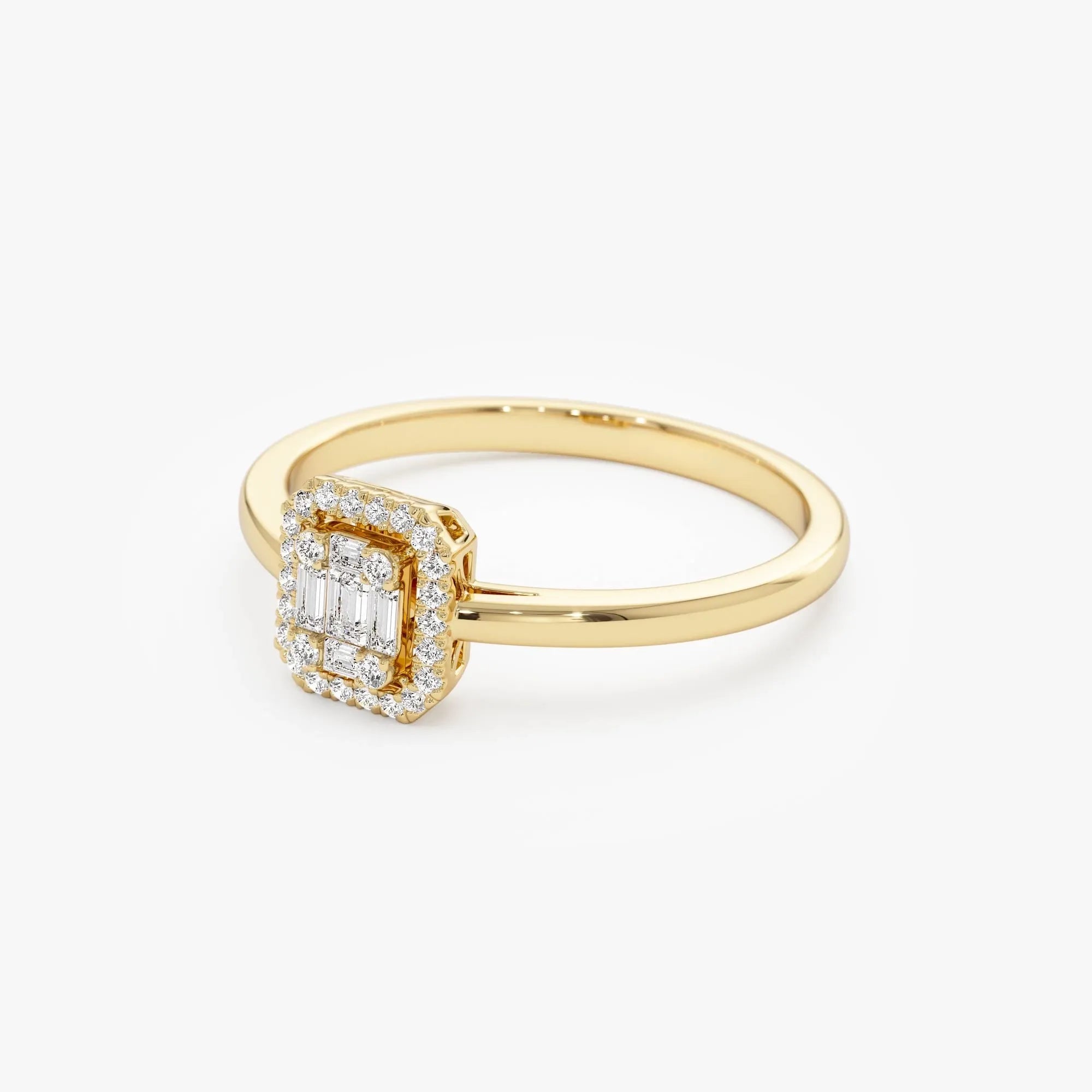 14k Gold Rectangular Baguette and Round Diamond Halo Ring 0.25 ctw