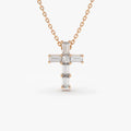 14K Solid Gold Baguette and Princess Cut Diamond Cross Pendant Necklace 0.15ctw