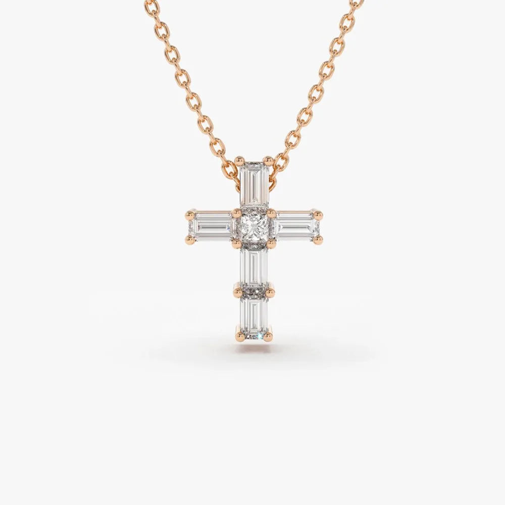 14K Solid Gold Baguette and Princess Cut Diamond Cross Pendant Necklace 0.15ctw