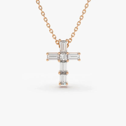 14K Solid Gold Baguette and Princess Cut Diamond Cross Pendant Necklace 0.15ctw