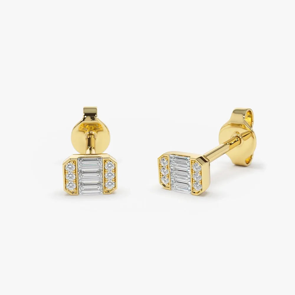 14k Gold Diamond Baguette and Round Cut Mini Stud Earrings 0.10 ctw