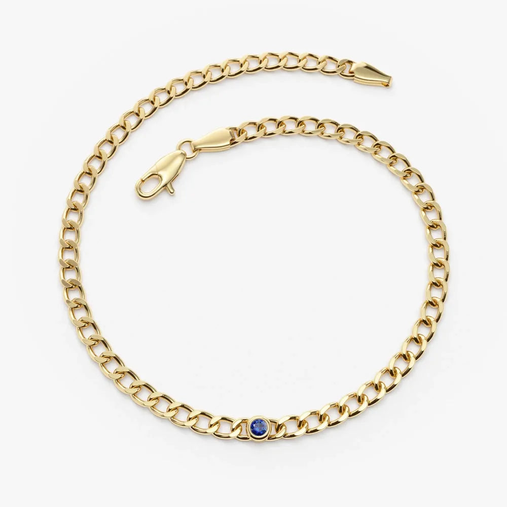 14K Solid Gold Cuban Link Bracelet with Bezel Set Round Sapphire