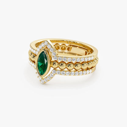 14K Solid Gold Marquise Emerald and Round Diamond Nesting Band Ring 0.70 CTW