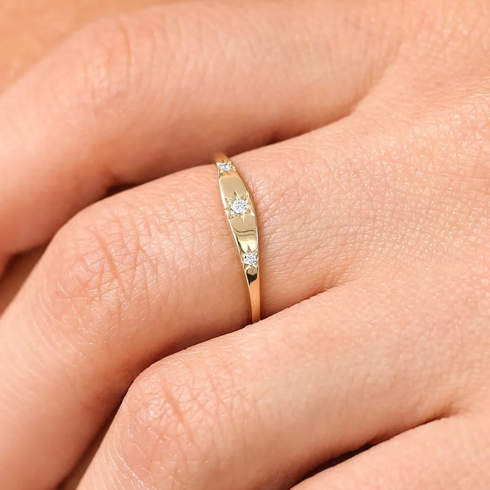 14K Solid Gold Round Diamond 3 Stone Star Setting Stacking Ring 0.06 CTW