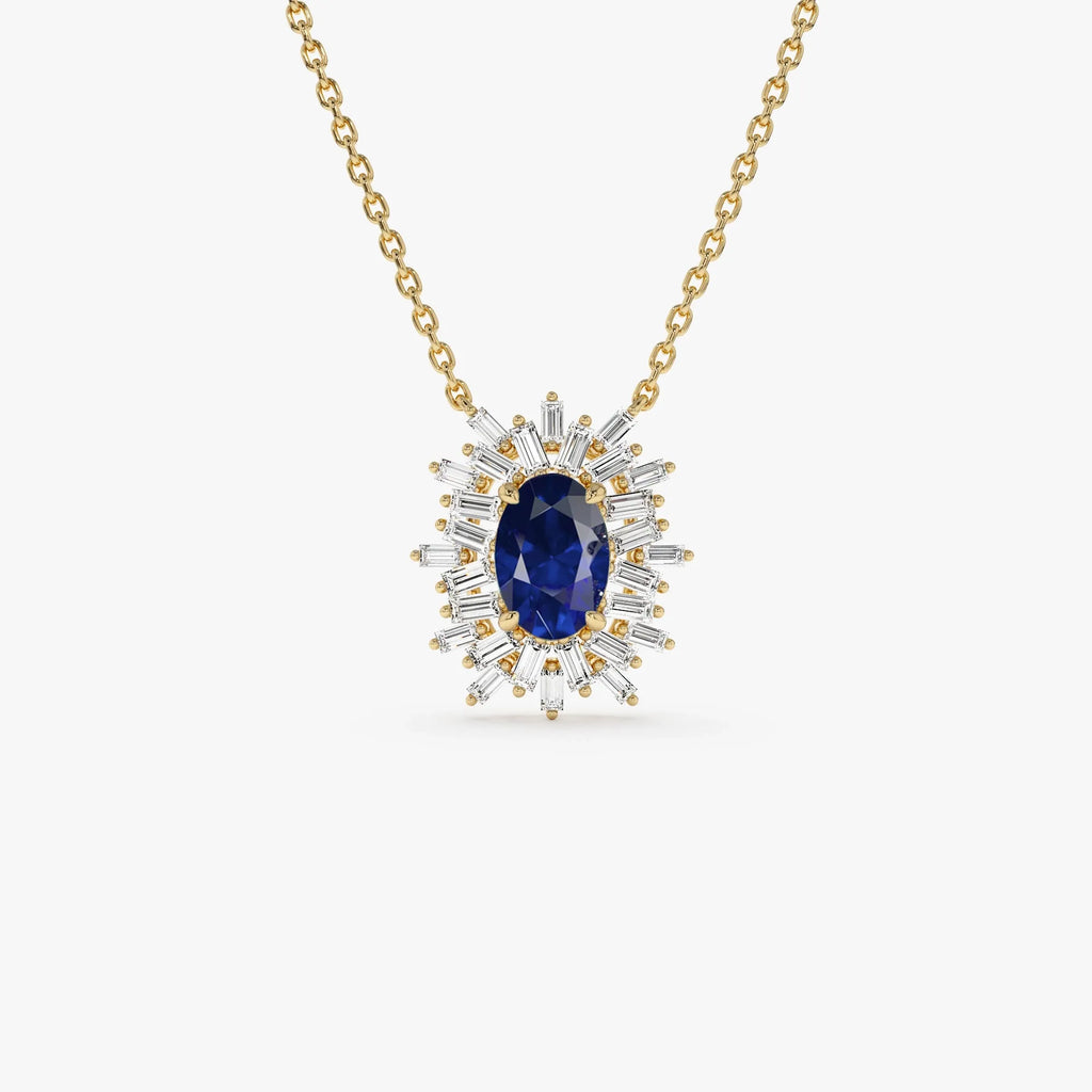 14k Solid Gold Sapphire and Diamond Oval Baguette Ballerina Necklace 0.71 Carat Prong Setting