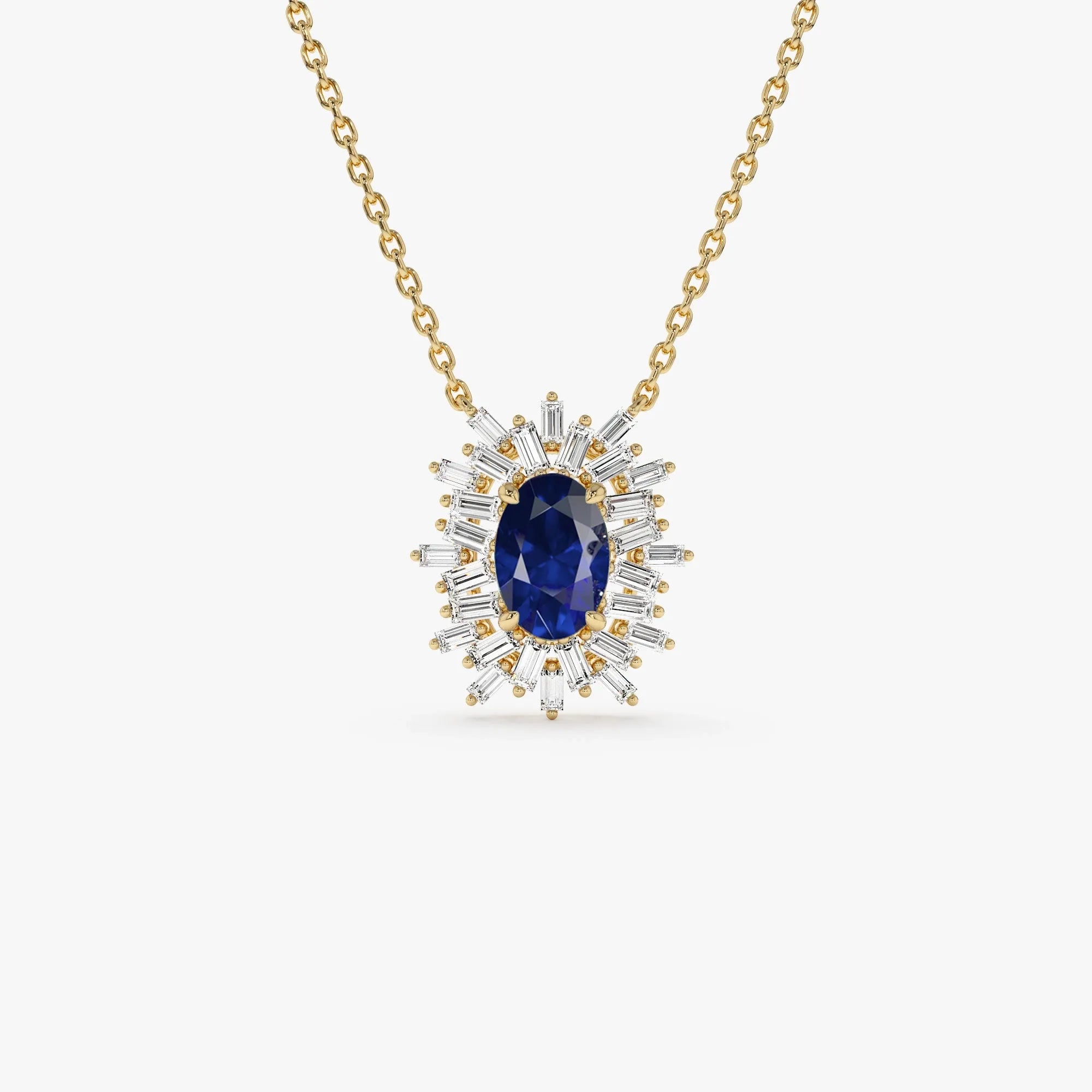 14k Solid Gold Sapphire and Diamond Oval Baguette Ballerina Necklace 0.71 Carat Prong Setting