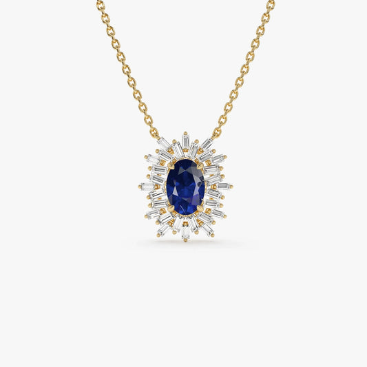 14k Solid Gold Sapphire and Diamond Oval Baguette Ballerina Necklace 0.71 Carat Prong Setting