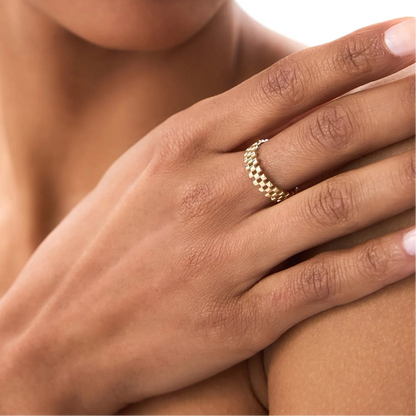 14k Gold 3 Row Link Ring Wide Statement Band