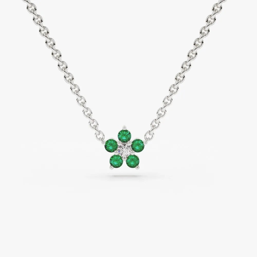 14k Solid Gold Round Emerald and Diamond Flower Charm Necklace 0.12 CTW Emerald 0.04 CTW Diamond Prong Setting