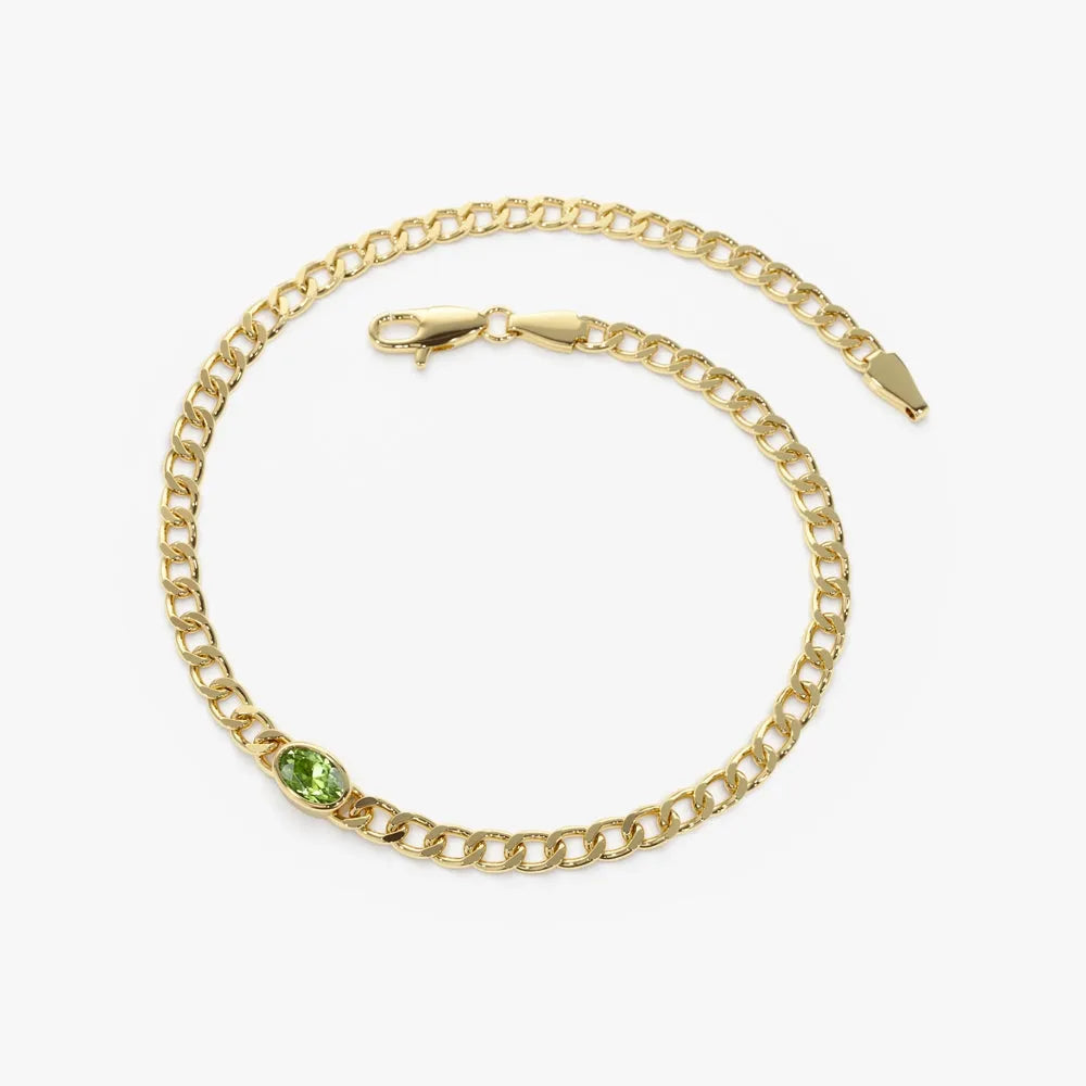 14k Gold Oval Peridot 3MM Cuban Link Bezel Set Bracelet