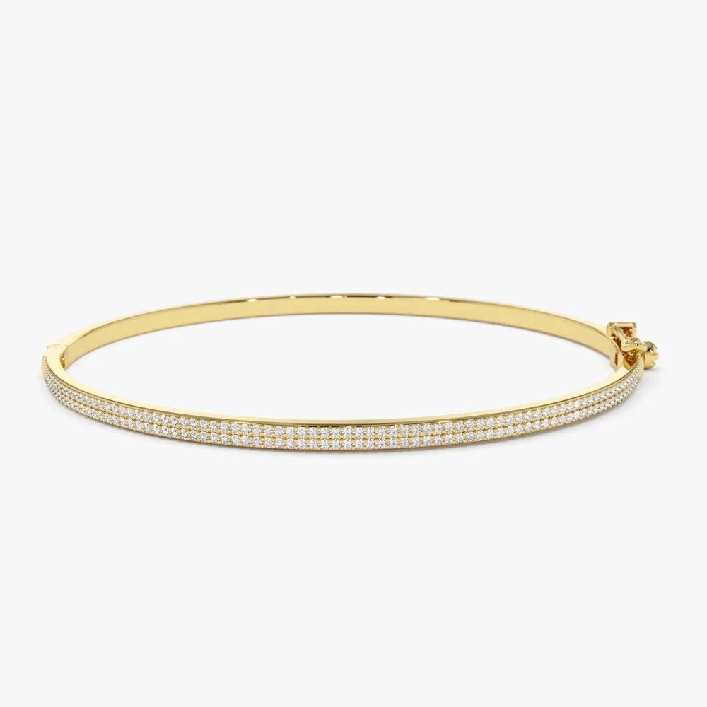 14K Solid Gold 0.70 CTW Round Diamond Two Row Pave Bangle