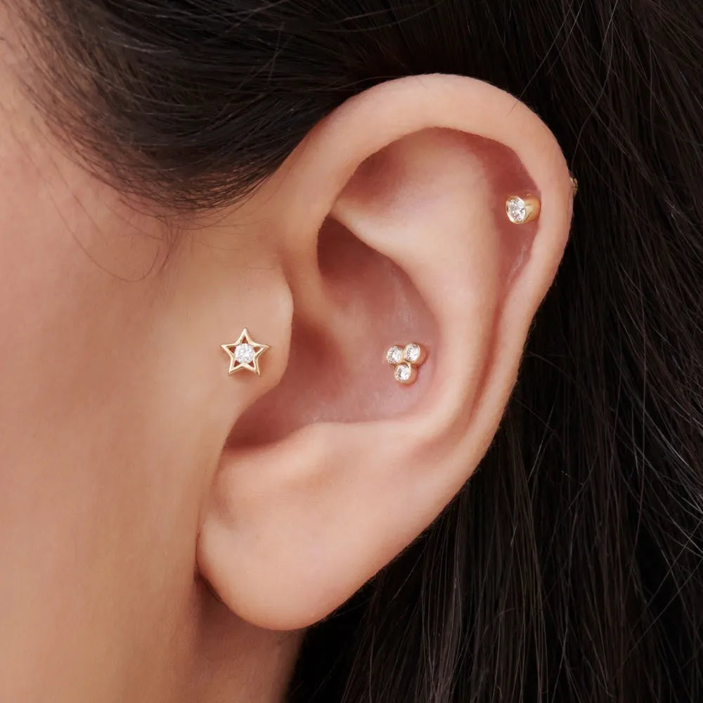14k Gold Diamond Round Cut Trio Helix Piercing Single Earring 0.07 ctw