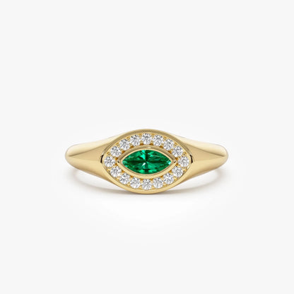 14K Gold Marquise Emerald and Round Diamond Halo Ring 0.31 CTW