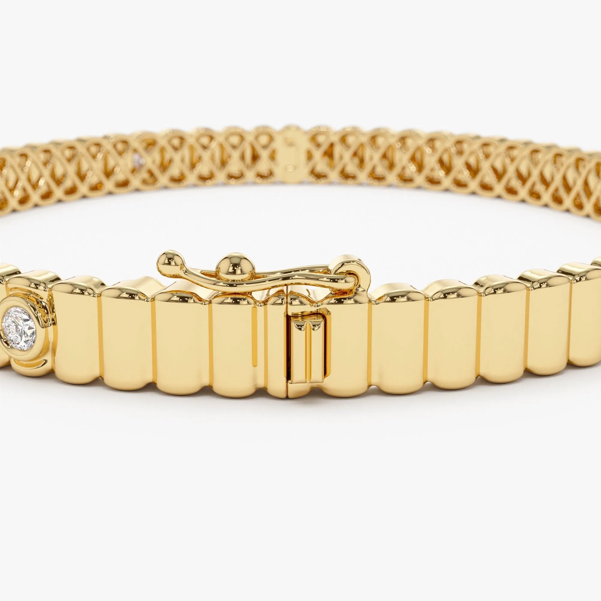 14K Solid Gold 0.14 CTW Round Diamond Ribbed Bangle