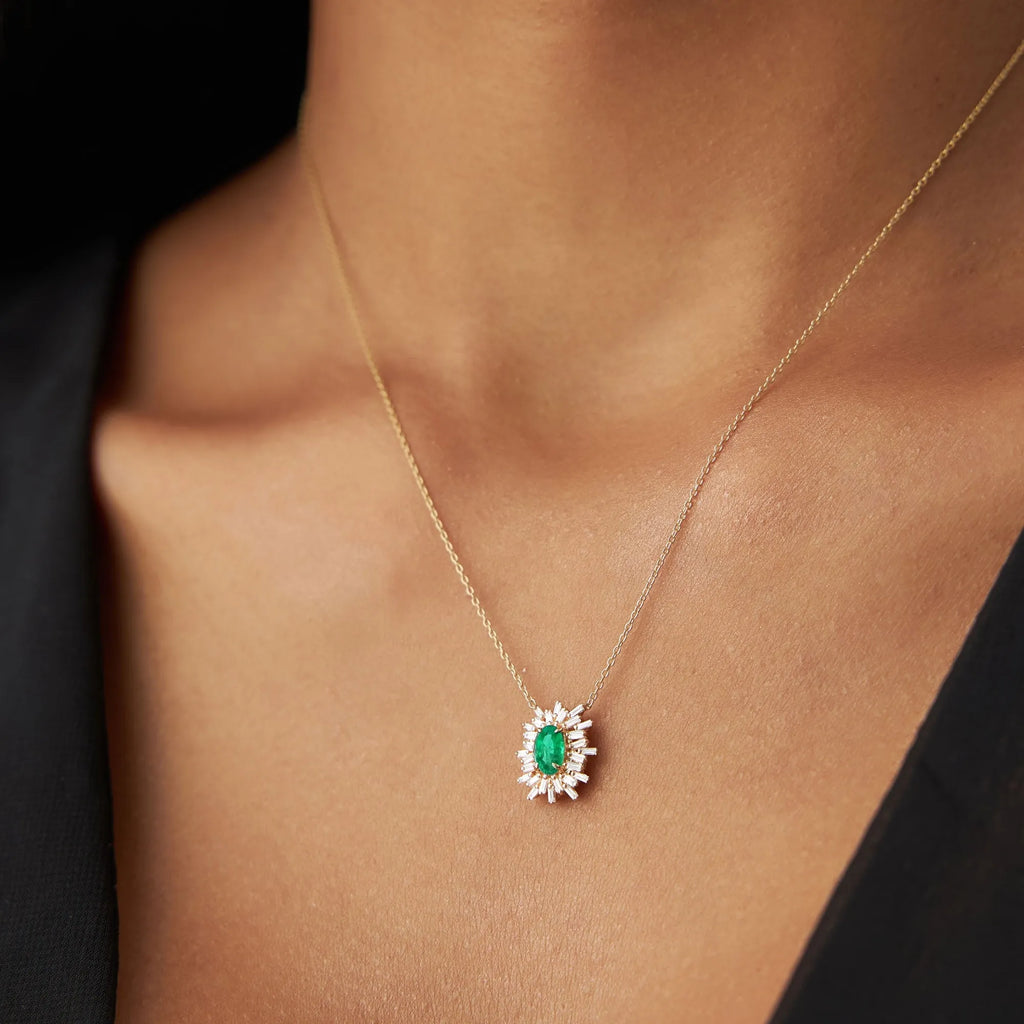 14k Solid Gold Oval Emerald 0.43 CTW and Baguette Diamond 0.28 CTW Ballerina Halo Pendant Necklace