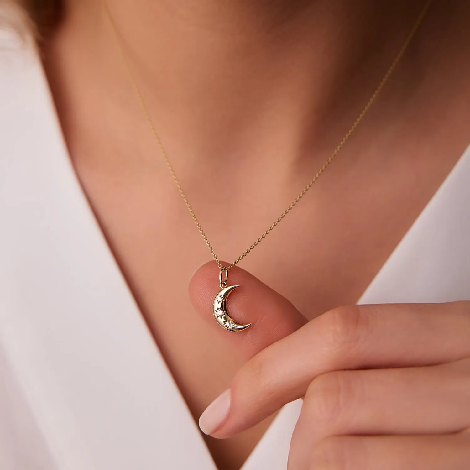 14K Solid Gold Round Diamond Crescent Pendant Necklace Star Setting 0.05ctw