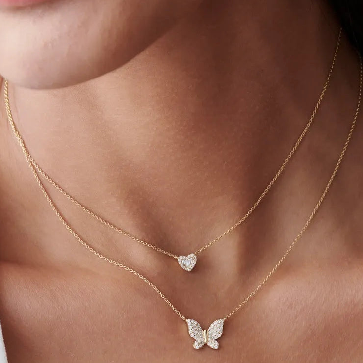 14K Solid Gold Round Diamond Pave Butterfly Pendant Necklace 0.29ctw