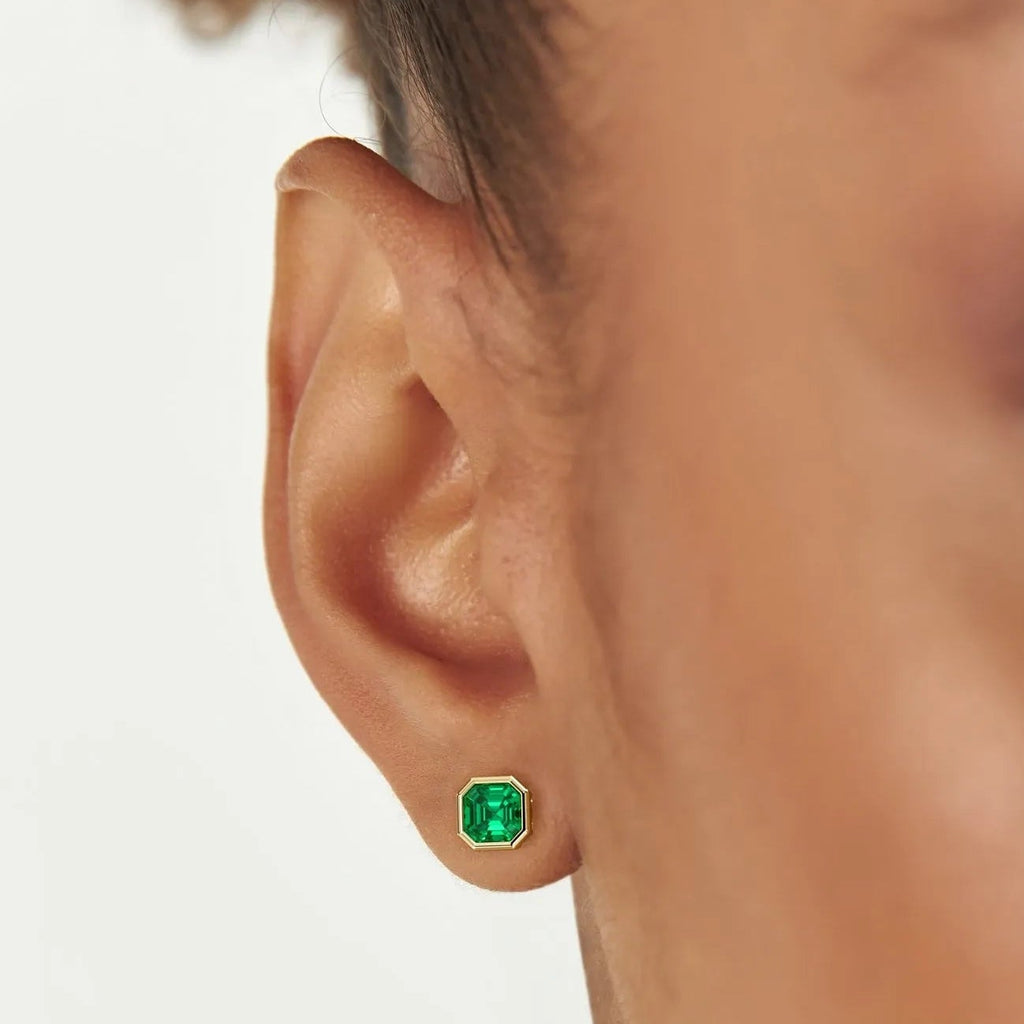 14k Gold Lab Grown Colombian Emerald Asscher Cut Bezel Setting Stud Earrings 2.30 ctw