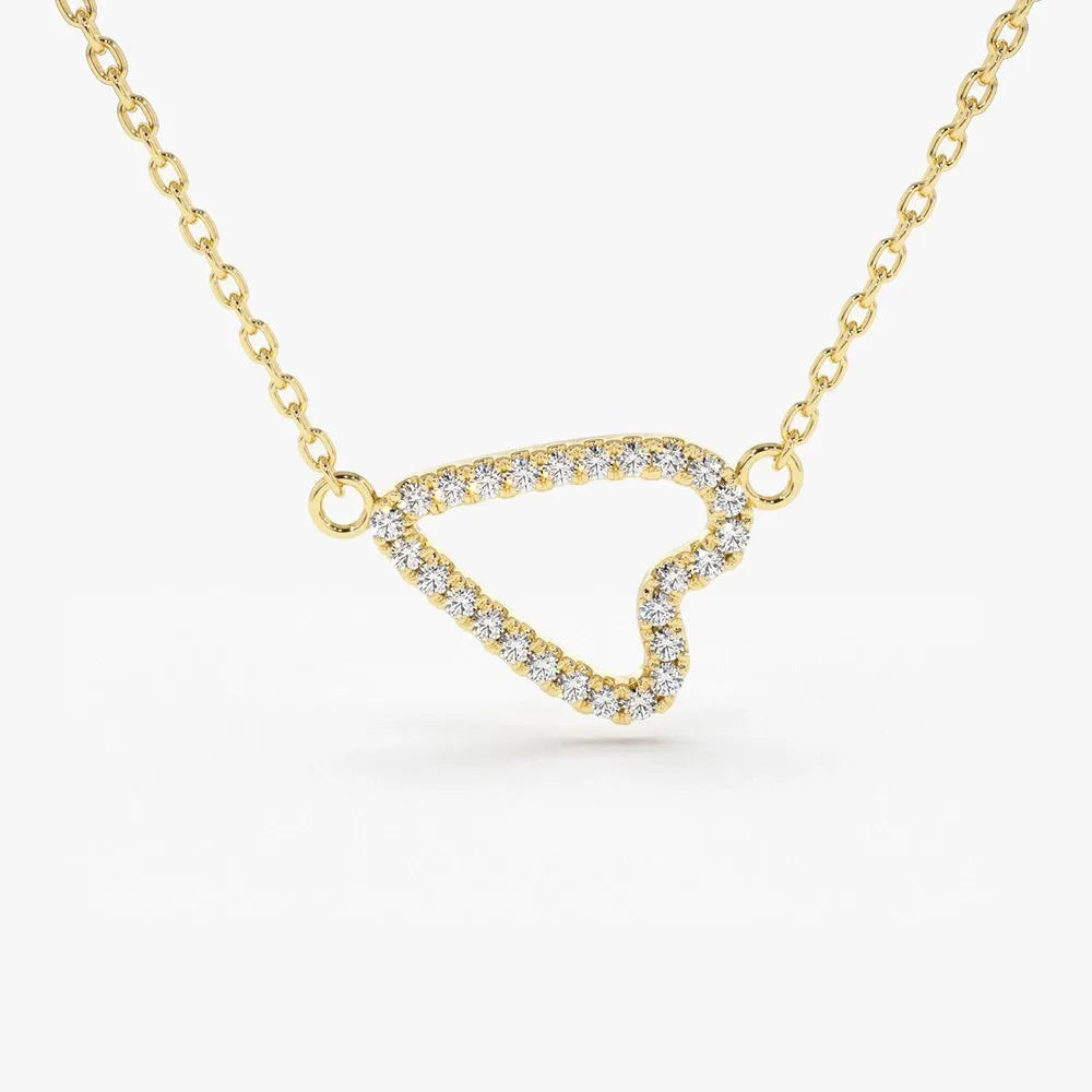 14K Solid Gold Round Diamond Micro Pave Sideways Heart Pendant Necklace 0.15ctw