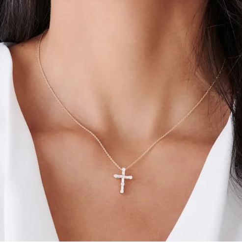 14K Solid Gold Baguette and Round Diamond Pendant Necklace 0.40ctw