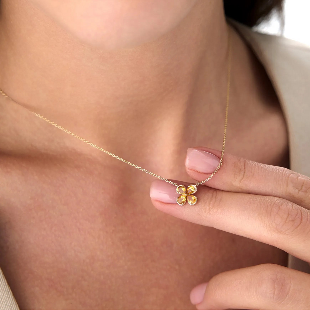 14k Solid Gold Citrine Pear Shaped Four Leaf Clover Necklace 0.55 Carat