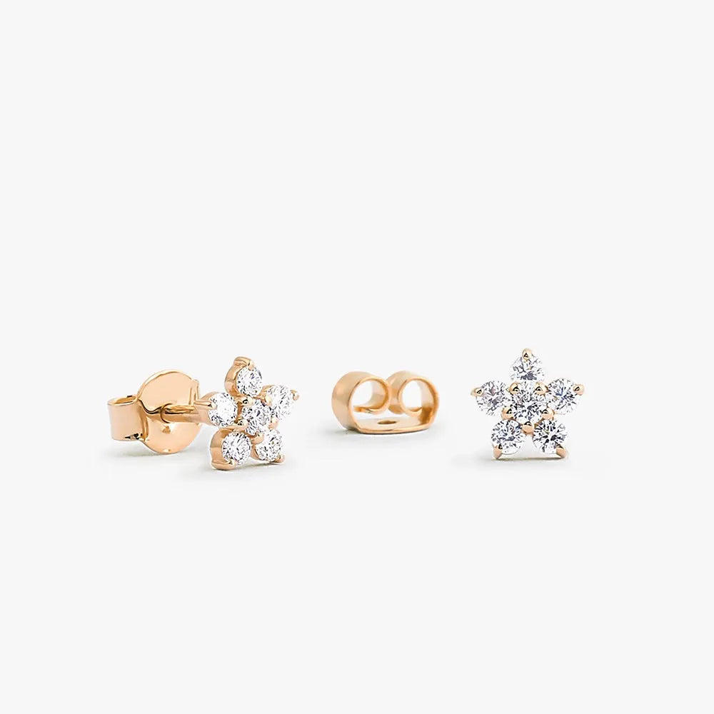 14k Gold Diamond Round Cut Flower Stud Earrings Prong Setting 0.37 ctw