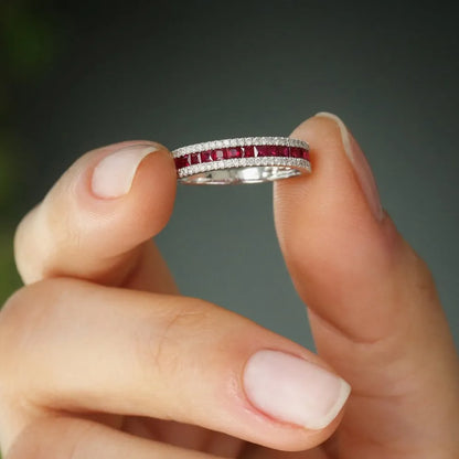 14k Solid Gold Ruby and Diamond Square and Round Cut Half Eternity Ring 1.05 ctw