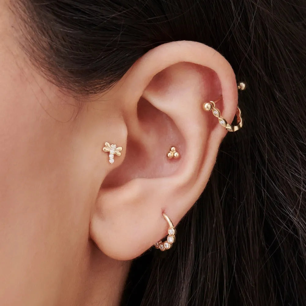 14k Gold Diamond Round Cut Bee Helix Piercing Single Earring 0.04 ctw