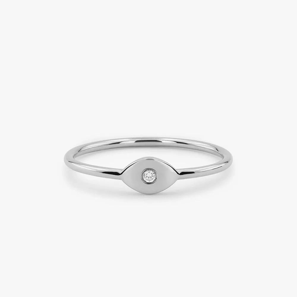 14K Solid Gold Round Diamond Evil Eye Ring Burnish Setting