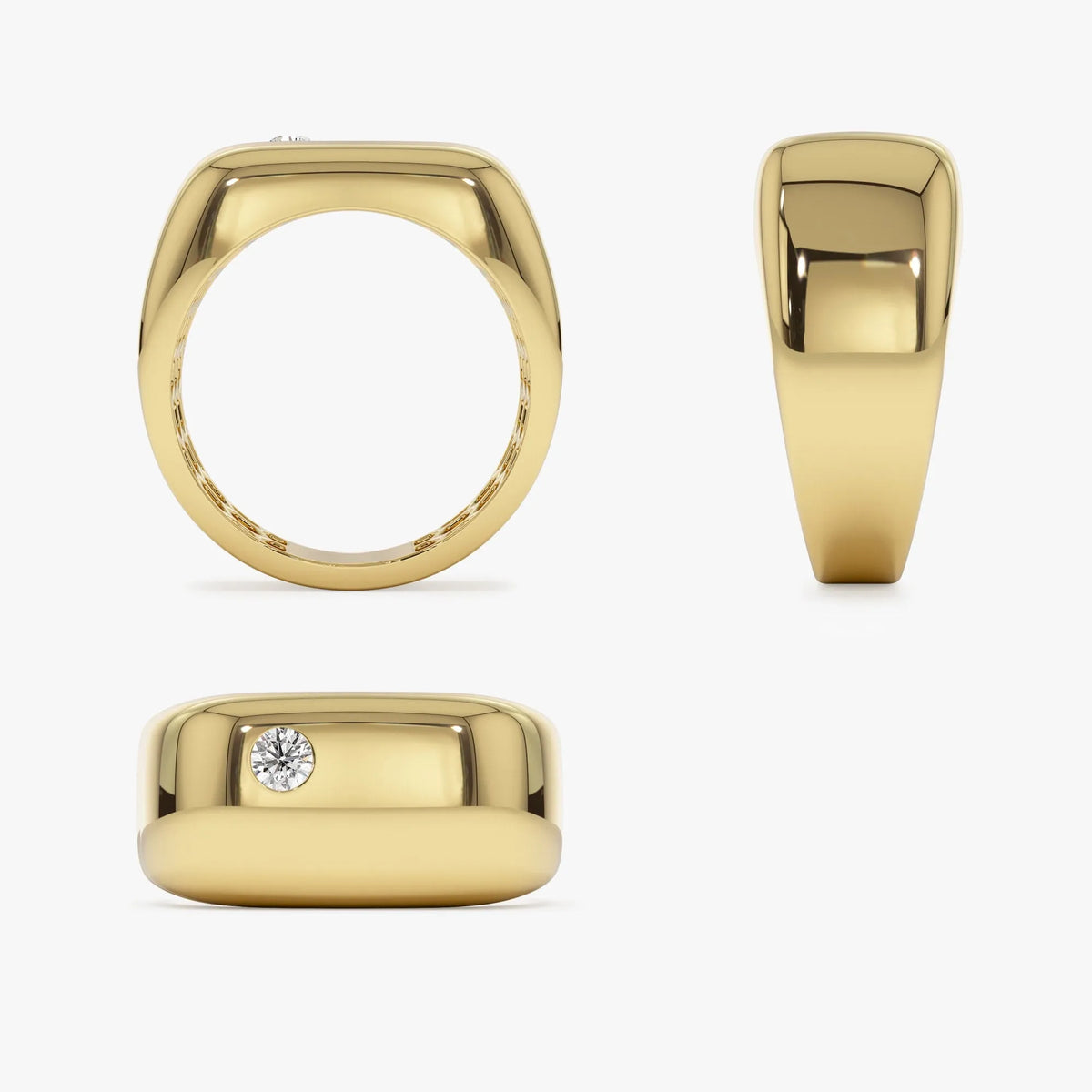 14K Solid Gold Round Diamond 0.08 Carat Rectangular Signet Ring