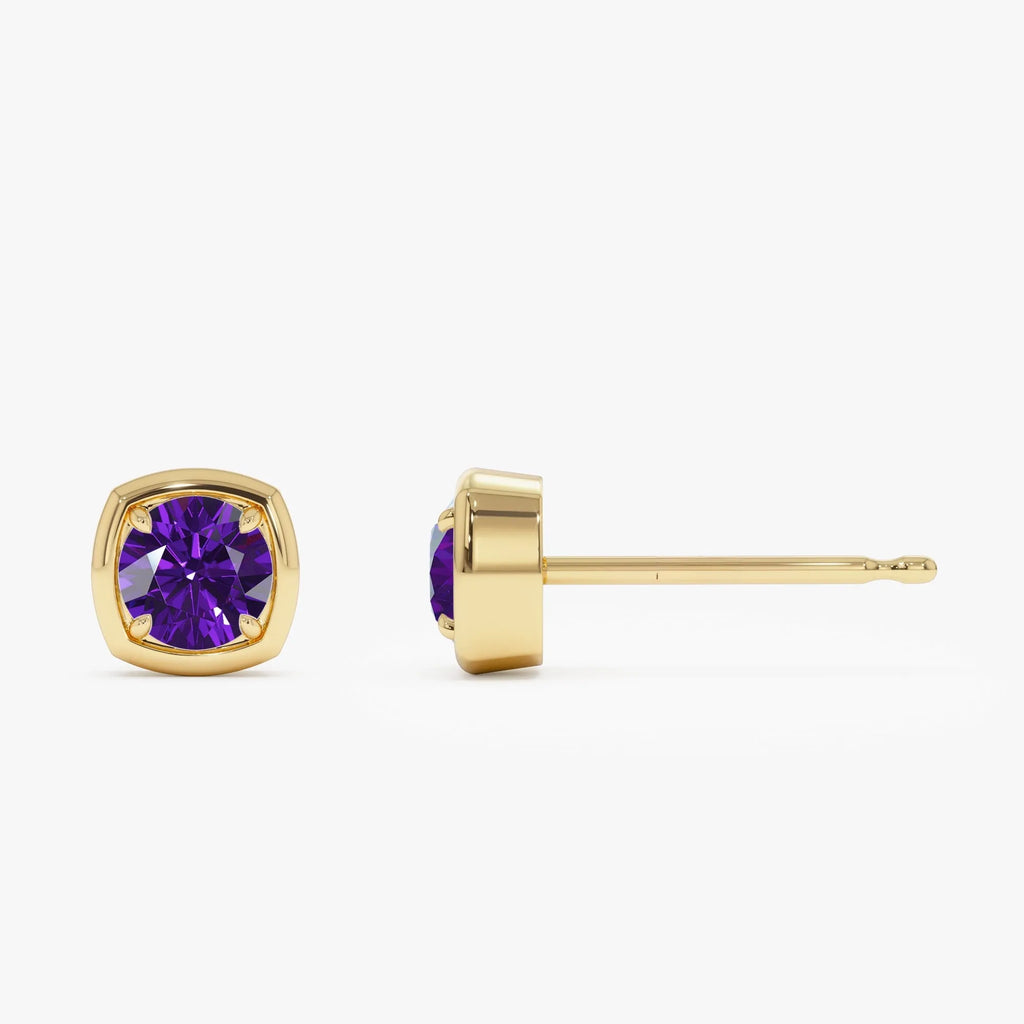 14K Solid Gold Round Amethyst Cushion Shaped Stud Earrings 0.95ctw