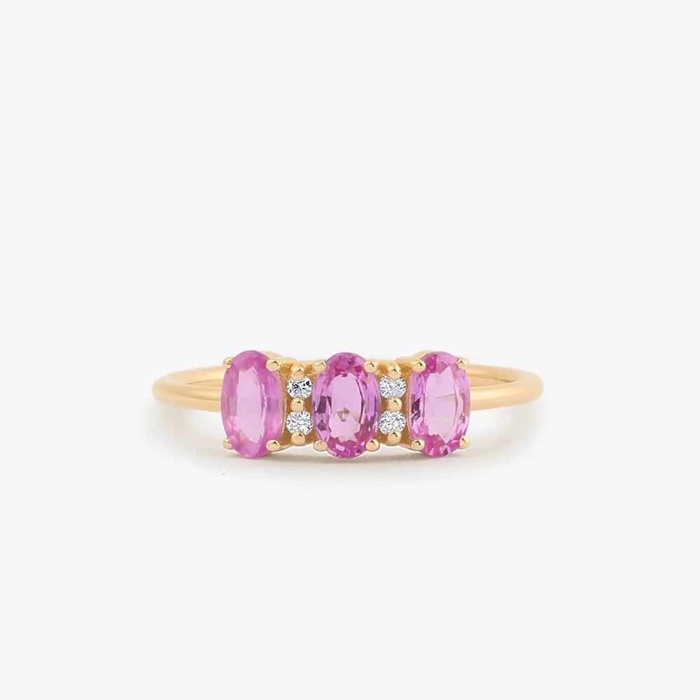 14k Gold Pink Sapphire and Diamond Oval Cut Three Stone Ring Prong Setting 1.05 ctw