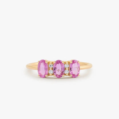 14k Gold Pink Sapphire and Diamond Oval Cut Three Stone Ring Prong Setting 1.05 ctw