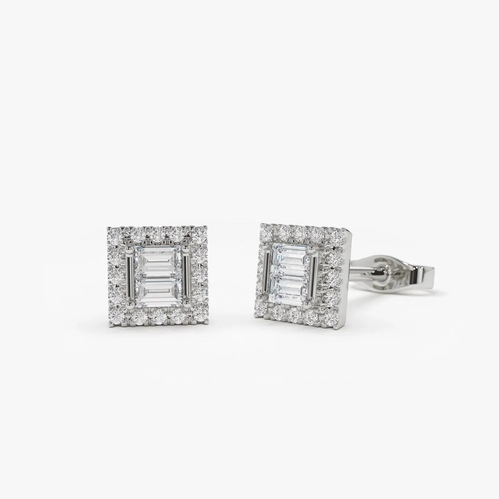 14k Gold Diamond Baguette and Round Cut Halo Setting Stud Earrings 0.25 ctw