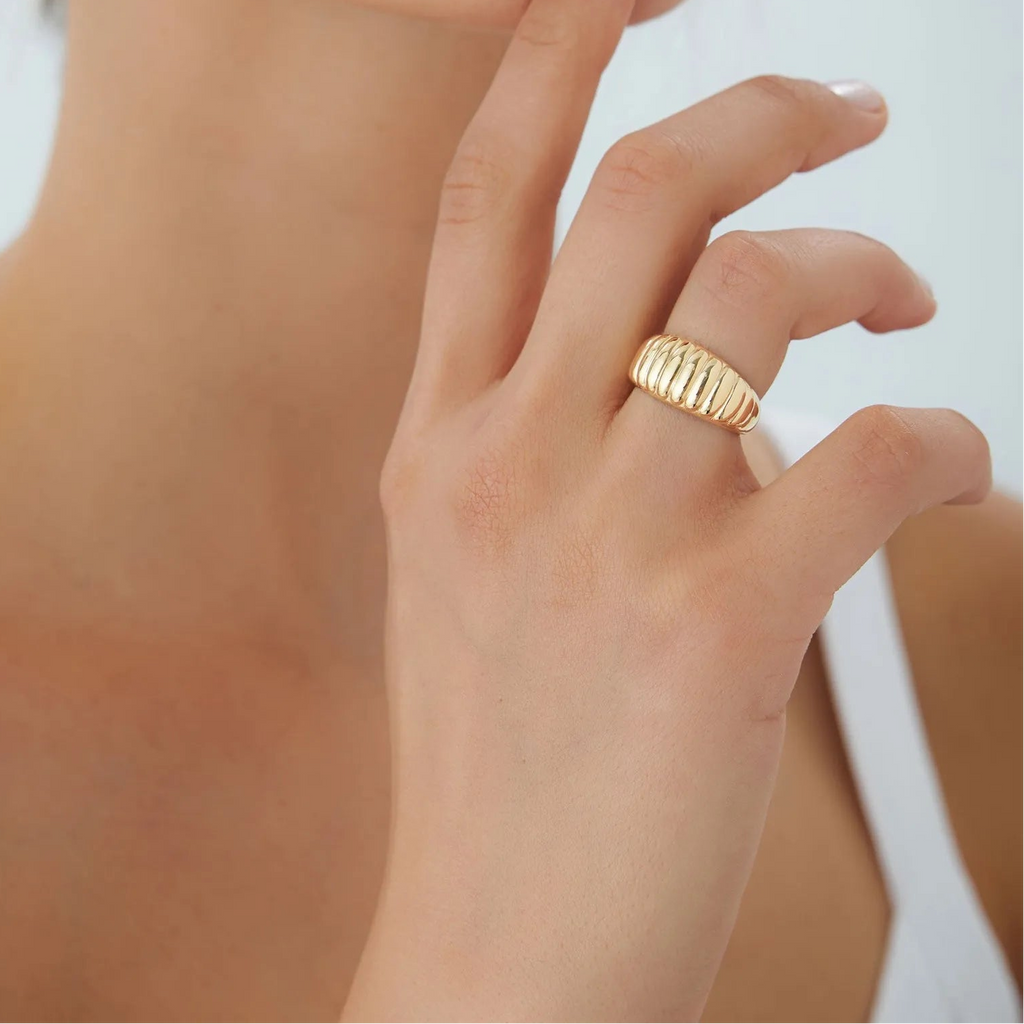 14k Solid Gold Ribbed Tapered Chunky Statement Ring 10mm Width
