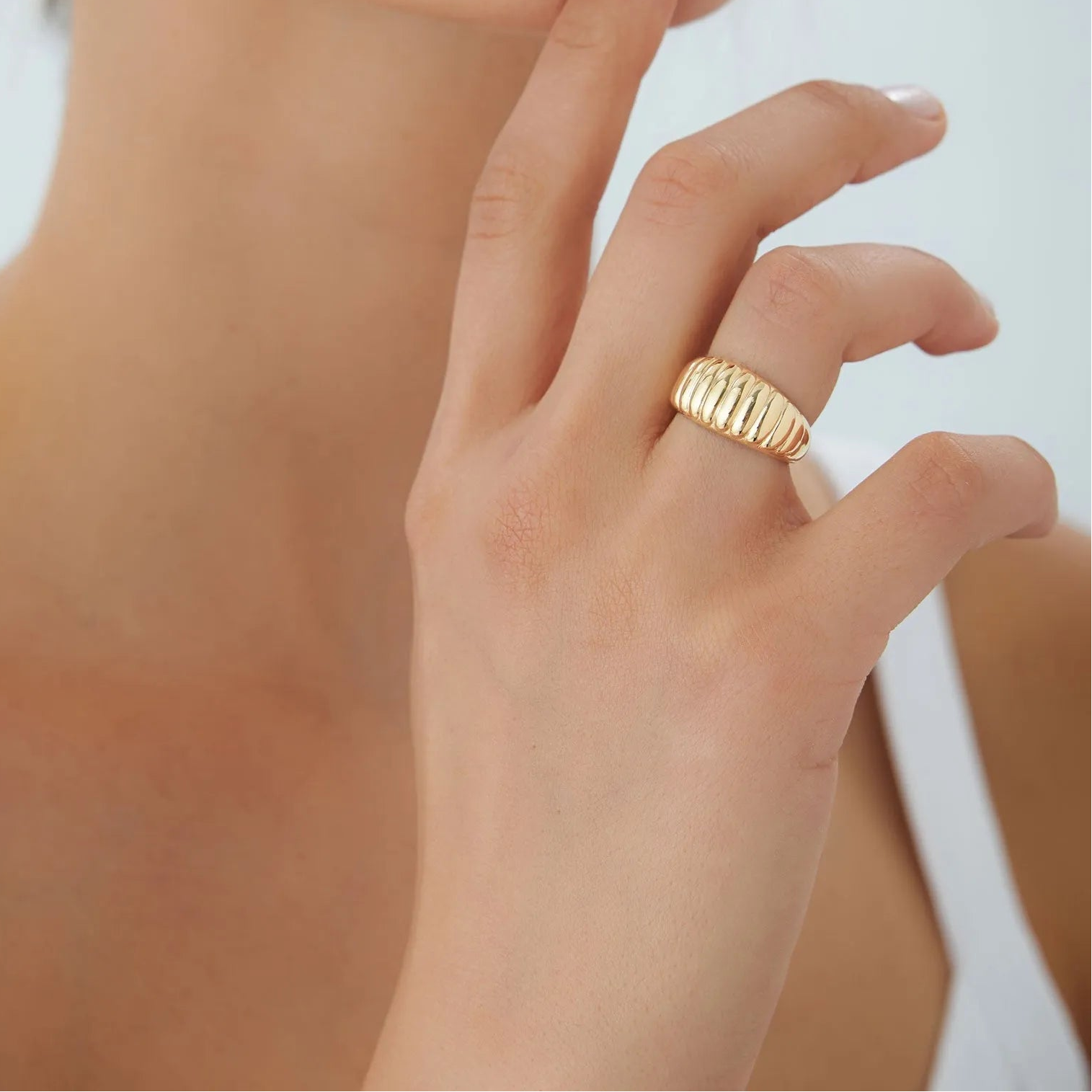 14k Solid Gold Ribbed Tapered Chunky Statement Ring 10mm Width