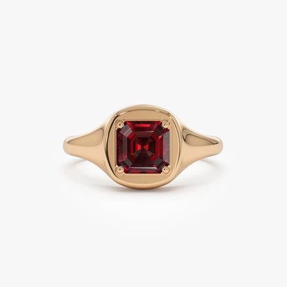 14K Solid Gold Asscher Cut Garnet 1.35 Carat Signet Ring