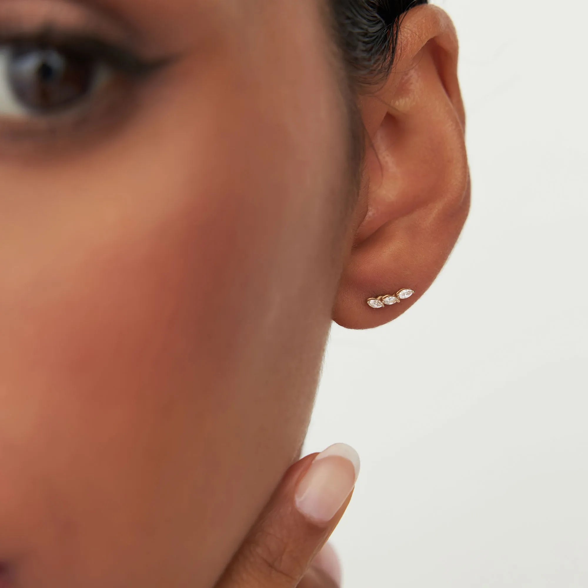 14k Gold Diamond Marquise Cut Three Stone Stud Earrings 0.18 ctw