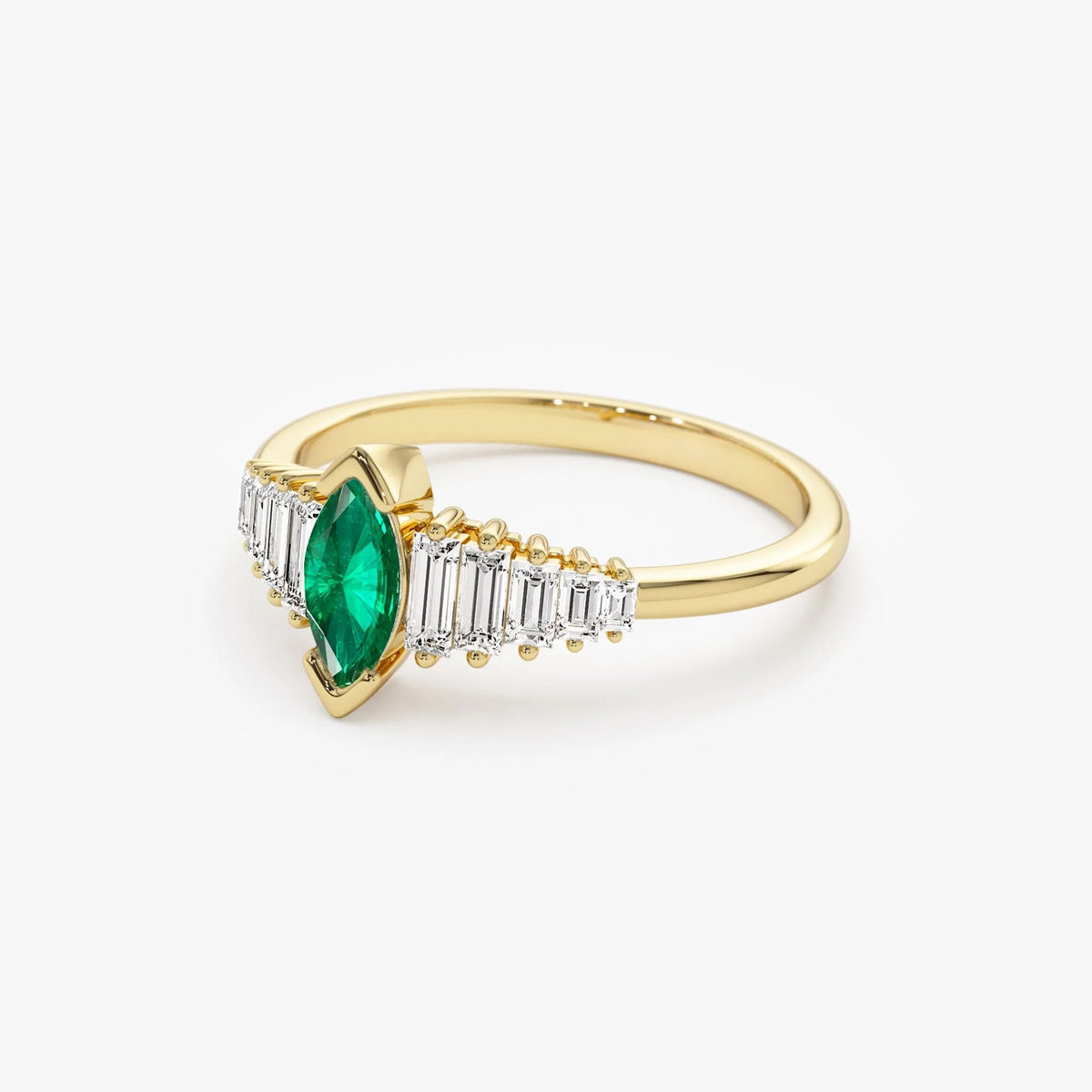 14K Solid Gold Marquise Emerald and Baguette Diamond Ring 0.75 CTW