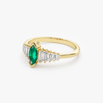 14K Solid Gold Marquise Emerald and Baguette Diamond Ring 0.75 CTW