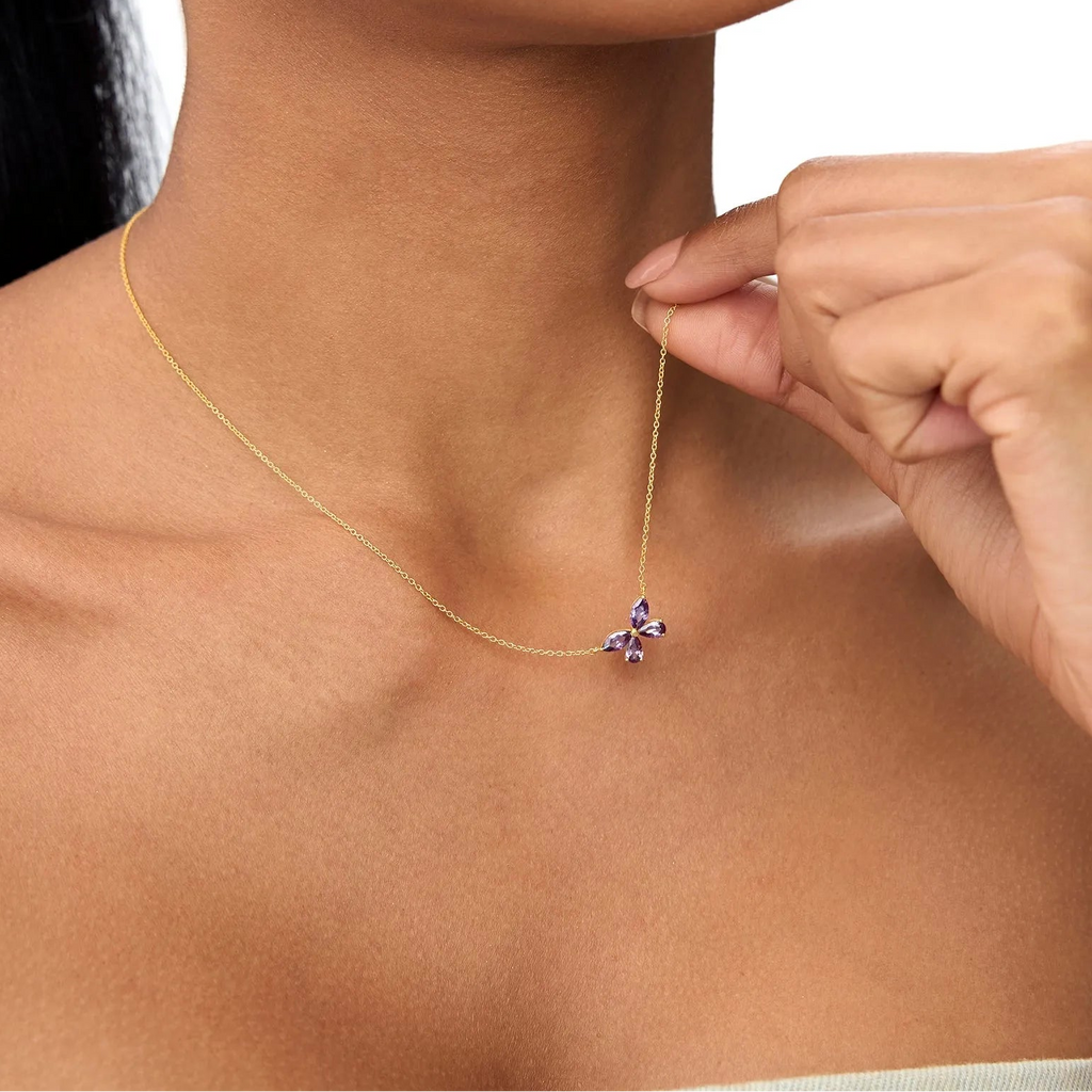 14k Solid Gold Amethyst Pear and Marquise Butterfly Necklace 0.85 Carat