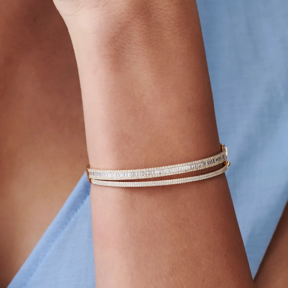 14K Solid Gold 2.60 CTW Baguette and Round Diamond Micro Pave Statement Bangle