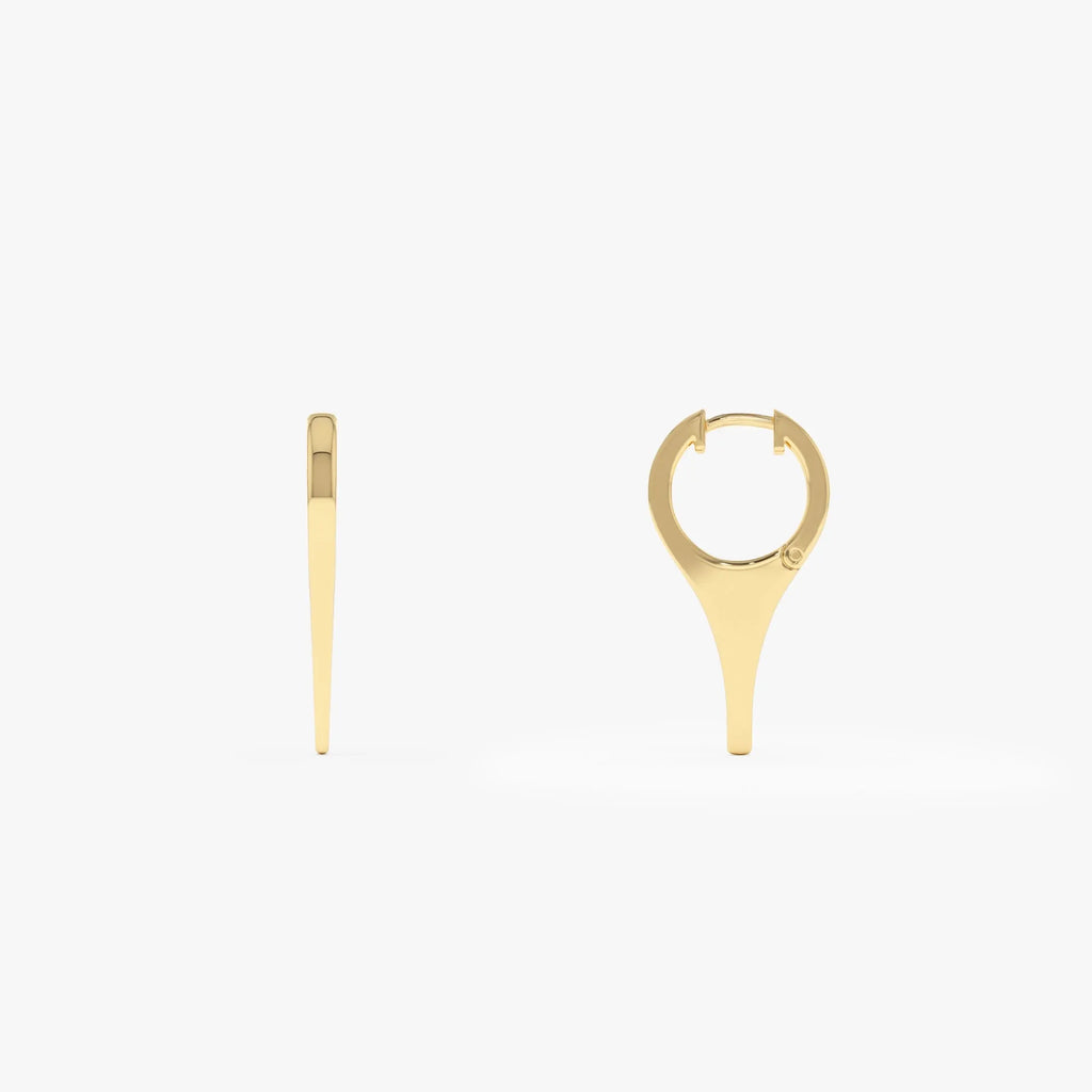 14k Solid Gold Mini Dagger Drop Hoop Earrings 25mm Length 10mm Inner Diameter