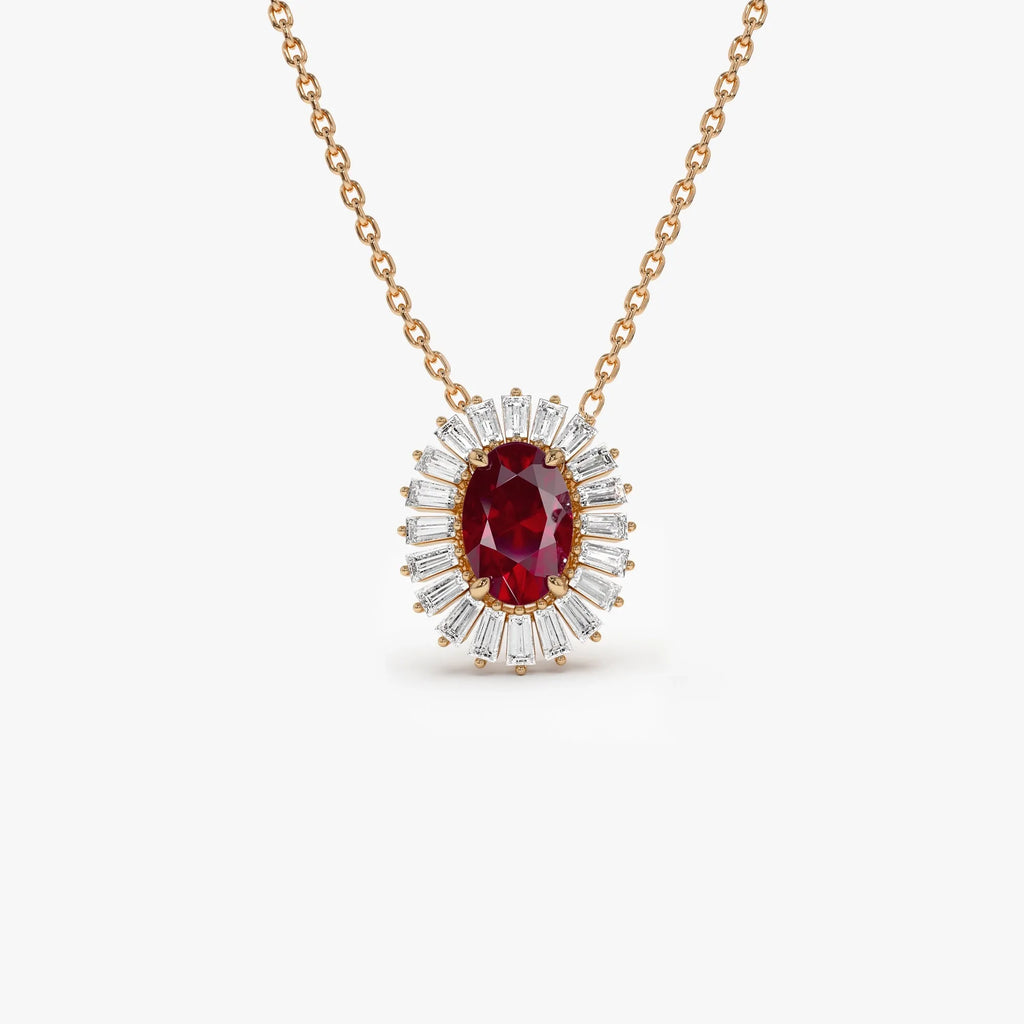 14k Solid Gold Ruby and Diamond Oval Baguette Halo Necklace 0.75 Carat Prong Setting