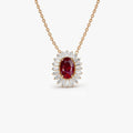 14k Solid Gold Ruby and Diamond Oval Baguette Halo Necklace 0.75 Carat Prong Setting