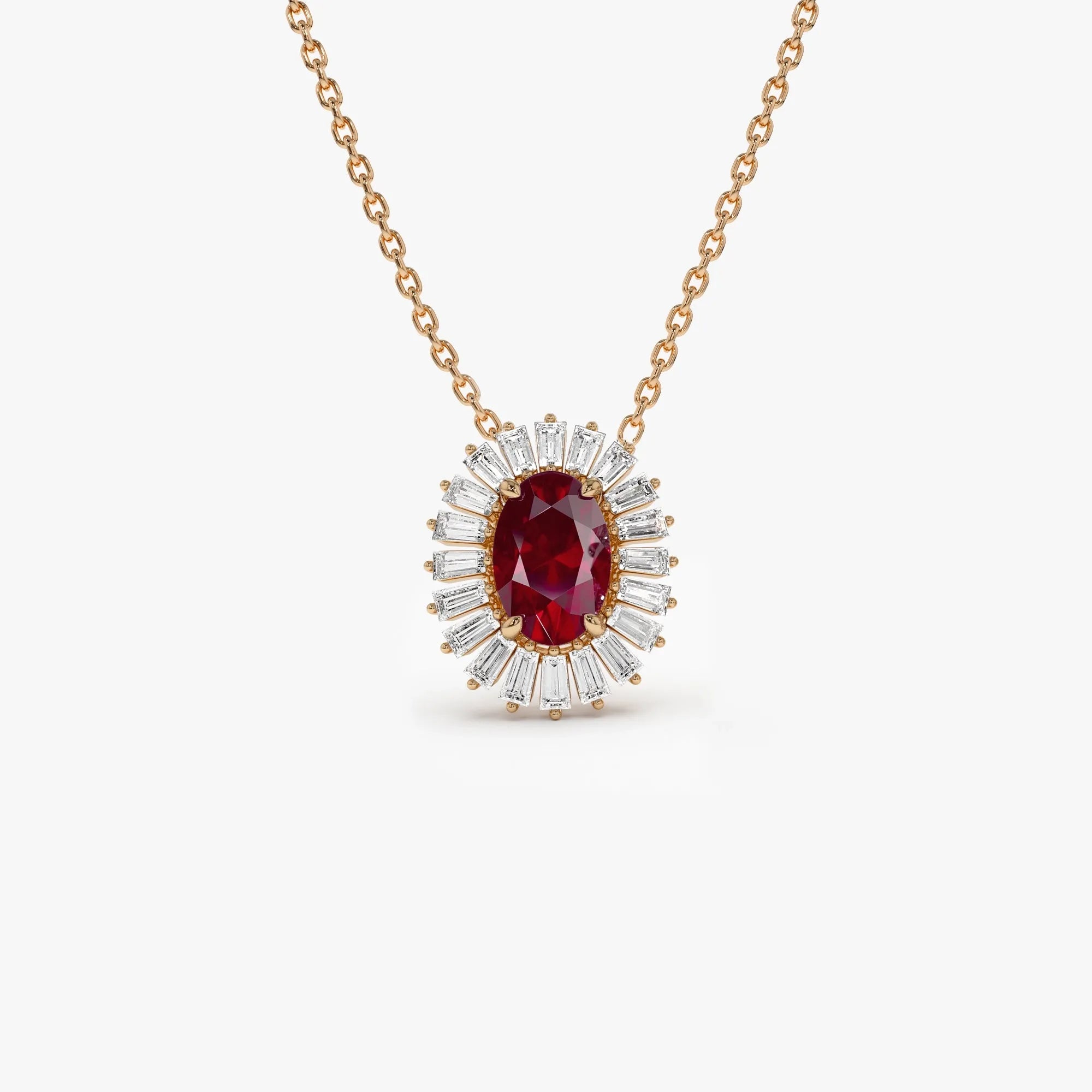 14k Solid Gold Ruby and Diamond Oval Baguette Halo Necklace 0.75 Carat Prong Setting