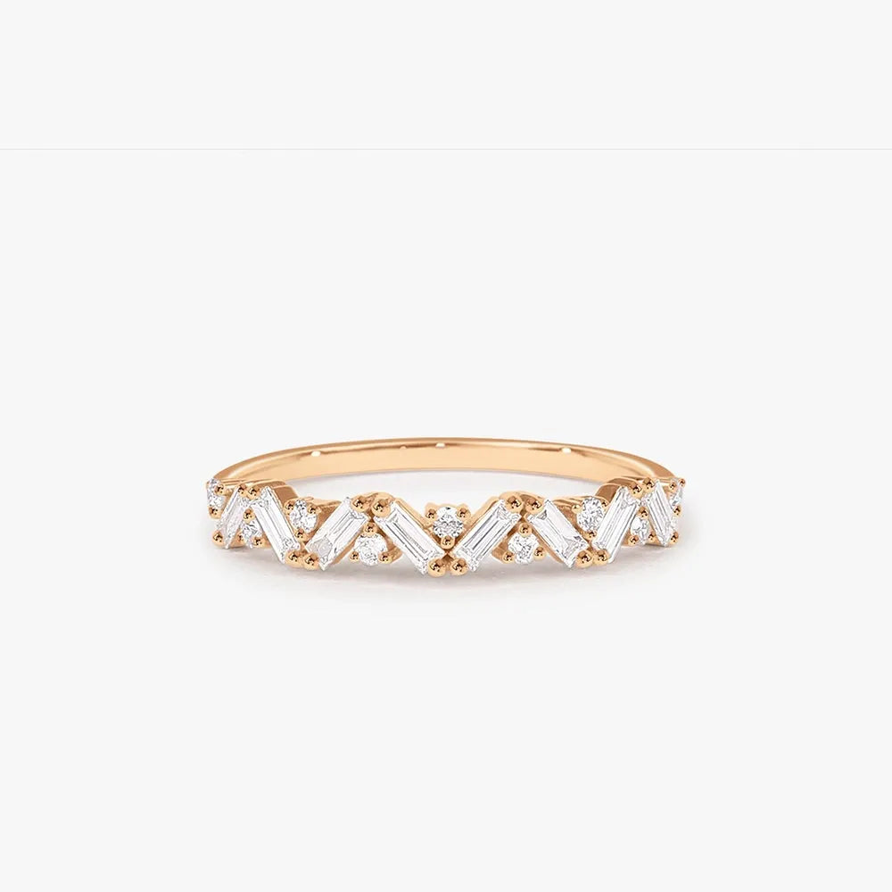 14K Gold 0.35 Carat Baguette and Round Diamond Slanted Prong Set Ring