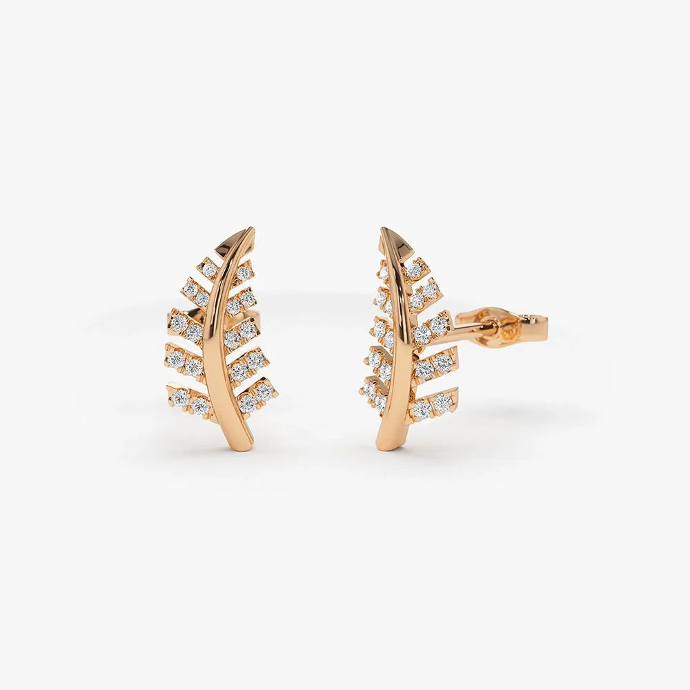 14k Gold Diamond Round Cut Leaf Earrings 0.22 ctw